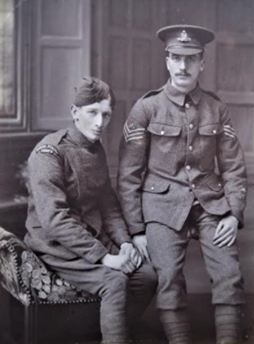 One of the editor's favourite photographs of Sgt. William Pyne, best man (left) in the uniform of the Royal Flying Corps and his brother, bridegroom, Sgt, Thomas Henry Pyne, Royal Garrison Artillery (Courtesy Muriel Pyne).