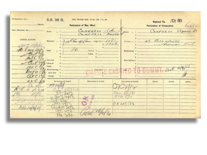 Pension Card from John G Campbell (and his brother) from The Western Front Association digital archive on Fold3 by Ancestry
