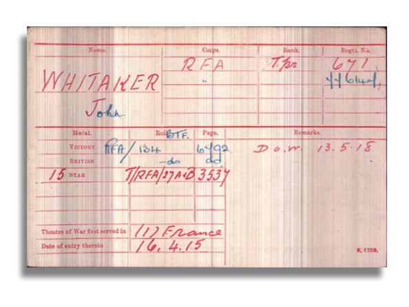 Pension Card for John Whitaker from The Western Front Association Pension Card digital archive on Fold3 by Ancestry