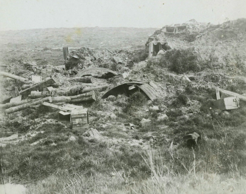 Destroyed dugouts and shelters; prior to the war, most of the terrain here was heavily wooded.