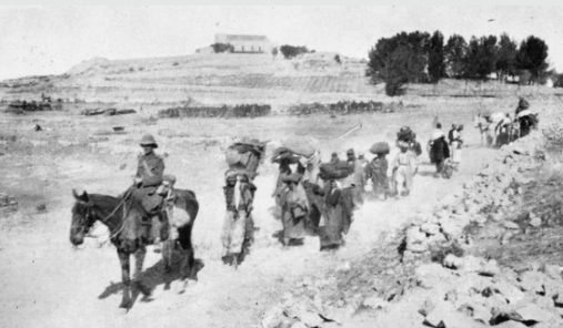 Arab refugees at Enab in Palestine under British escort.© IWM Q 90995