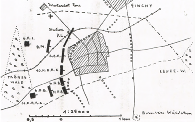 Guillemont - Nau's sketch of the situation at 1.00pm on 3 September 1916 at the start of the British attack.