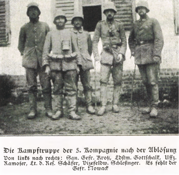 Survivors: six men - a Leutnant, two NCOs and three Musketiere, one of which was taking the photograph, were all that remained of 5/76 after the fight for Guillemont.