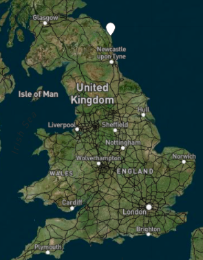 Location of Anstead Farm, Chathill, Northumberland in the North East of England (cc OpenStreetMap)