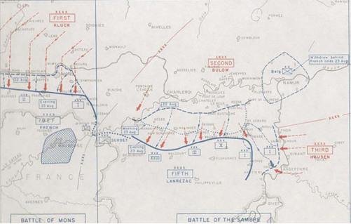 Map of the Battles of Mons and Charleroi, 21–23 August 1914