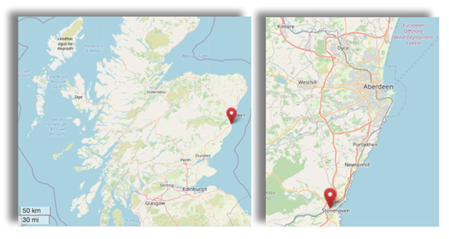 Location os Stonehaven on Scotland East Coast, south of Aberdeen (cc OpenStreetMap)
