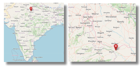 Location of Etawah, Uttar Pradesh south east of New Delhi, India (cc OpenStreetMap)