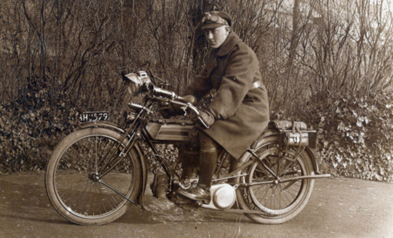 Royal Engineers Despatch Rider. From a collection of 18 photograph postcards collected by 316956 Sapper Harold Wilbert, Royal Engineers Despatch Rider, 1917-1919 NAM. 1991-02-138-16 © National Army Museum (2022)