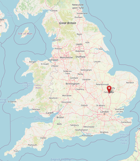 Location of Cambridge in Great Britain (cc OpenStreetMap)