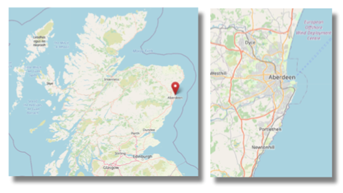 Location of Aberdeen on the eastern coast of Scotland (cc OpenStreetMap)