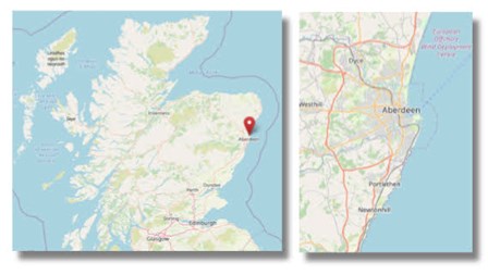 Location of Aberdeen on Scotland's east coast (cc OpenStreetMap)
