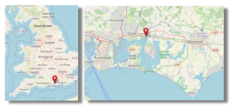 Location of Emsworth, Hampshire on England's south coast (cc OpenStreetMap)