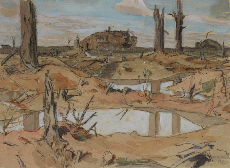 A view of bomb damaged Inverness Copse on the Western Front; a landscape of mud, flooded shell holes, blasted trees and debris. On the horizon are two bombed out, abandoned British tanks.© IWM Art.IWM ART 17280