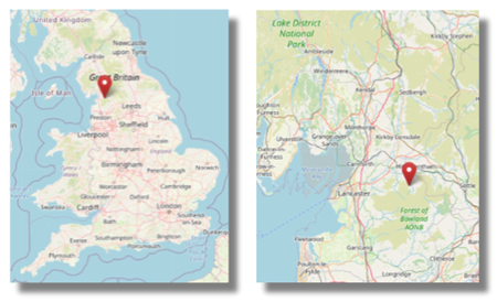 Location of Wray with Botton, near Lancaster  in the north west of England (cc OpenStreetMap)