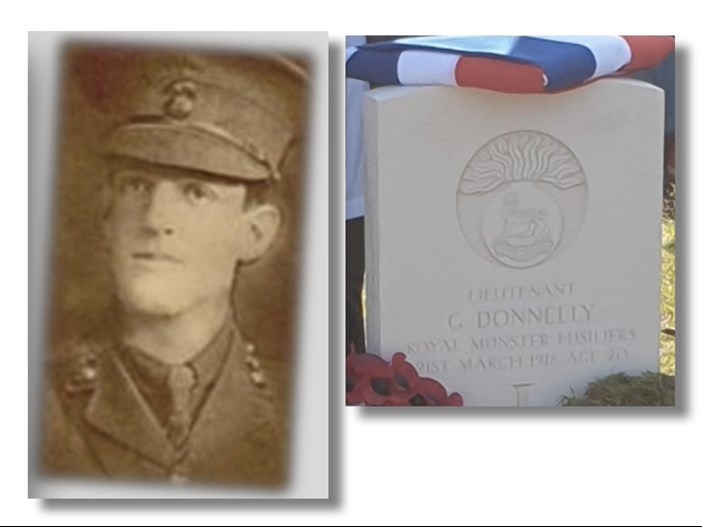 On 21 March, 2019, 25 relatives of Lieutenant Gilbert Donnelly of the Royal Munster Fusiliers gathered at St Emilie Valley Cemetery on the Somme at the site of a grave that had previously been marked as that of an ‘unknown’ soldier.  Gilbert’s resting place had been the subject of years of research by his nephew Dan, who had finally been able to gather the necessary evidence to show that the ‘unknown’ in this particular cemetery plot was indeed his 20-year- old forebear.  At the rededication service Dan explained: “We know Gilbert’s father and siblings were left bereft at news of his loss and that they had tried to find out the details and whereabouts of his death. We are therefore delighted to gather on their behalf and remember this brave young man.”
