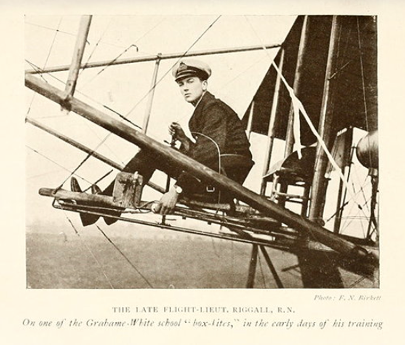 The Late Flight-Lieut Rigall, R.N. On one of the Grahame-White school 'box-kites,' in the early days of his training. Photo: F.N. Birkett