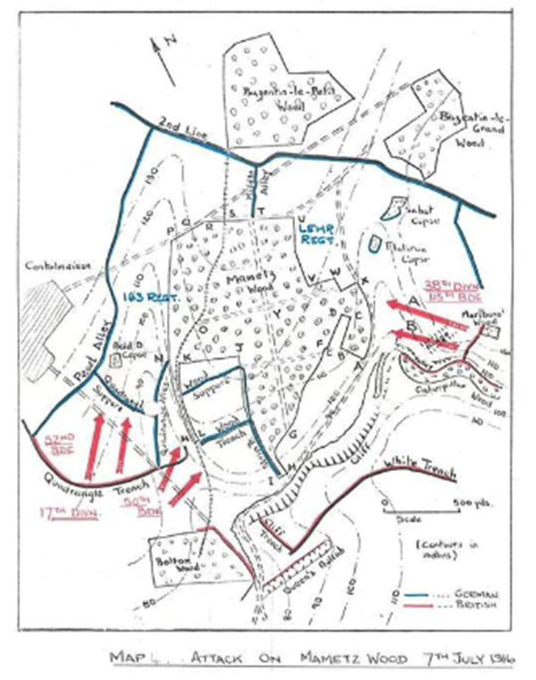 Attack on Mametz Wood 7th July 1916. Source TNA WO/95/2560/1 War Diary 115 Brigade