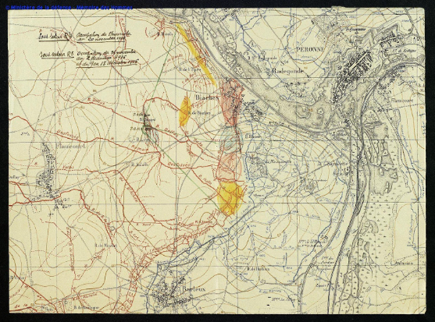 A trench map of Biaches and La Maisonette after the recapture of La Maisonette by German forces
