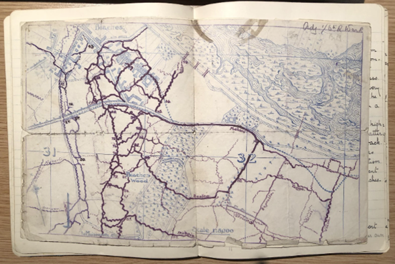 Original Trench Map of Biaches which was in the possession of Captain J.L. Mellor who was adjutant of The 1/6th Battalion, The Royal Warwickshire Regiment
