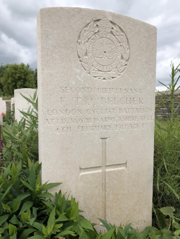The grave of 2nd Lieutenant F.T.J. Belcher who had first joined the battalion on Saturday 12th August 1916 was assigned to B Company at the time of his death. 2nd Lieutenant Belcher was killed alongside two sergeants of his company
