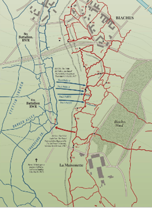 Map of Trench Raid conducted by The German 1st Prussian Guards on Sunday 4th February 1917