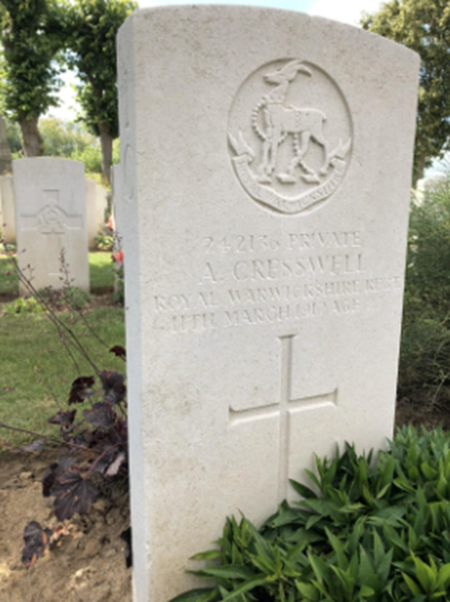 The grave of Private Arthur Cresswell at Assevillers New British Cemetery