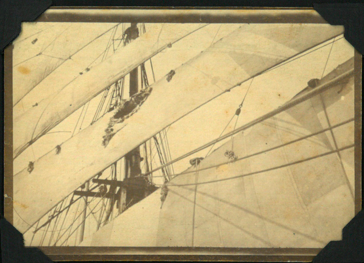 Shell holes through the sails of Q.17. Photo supplied to Blair by Sanders