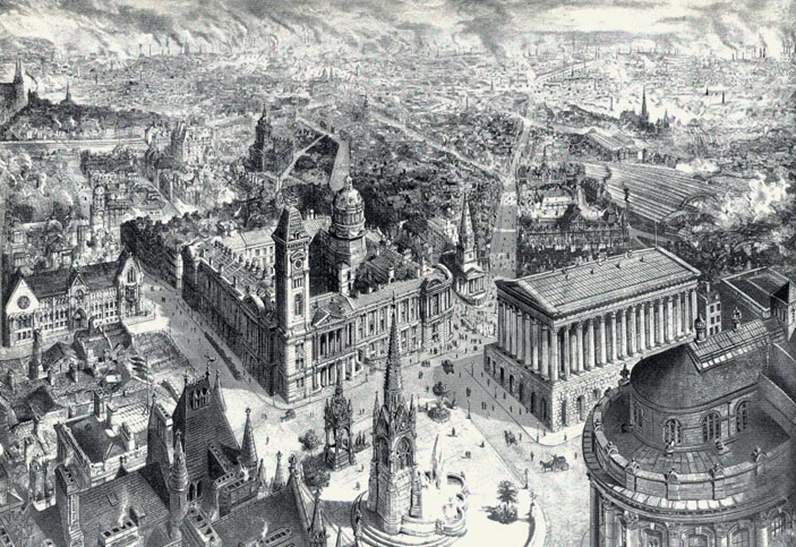 Bird’s-eye view of Birmingham in 1886 showing the Council House, Town Hall and Chamberlain Memorial.
