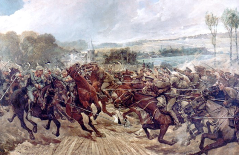 Painting of the charge of a squadron of the 9th Lancers against the Prussian Dragoons of the Guard at Moncel on the 7th September 1914 by Richard Caton Woodville