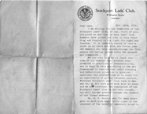 Figure 5a. Stockport Lads' Club letter, 16 November 1914.