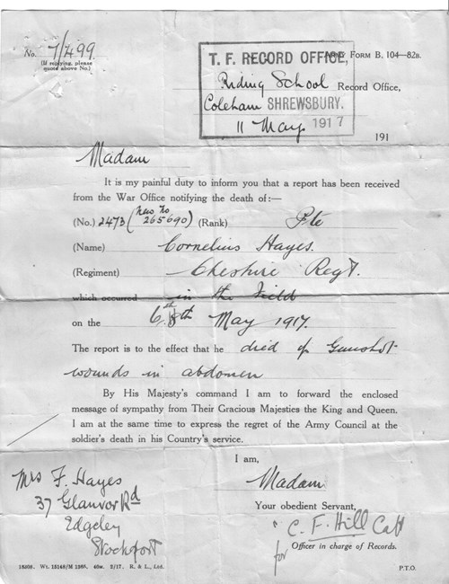 Figure 10. Form B104-82B (Death Notification) from Territorial Force Record Office 11th May 1917