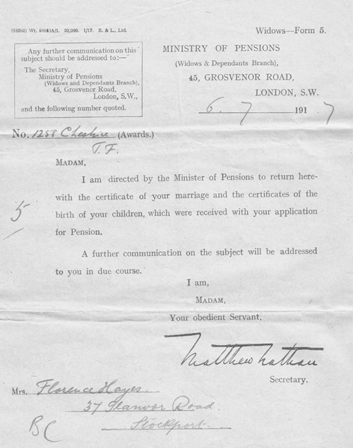 Figure 15. Ministry of Pension 6th July 1917