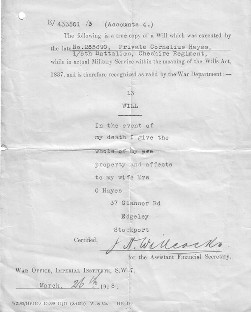 Figure 26. Copy of Will, War Office 26th March 1918
