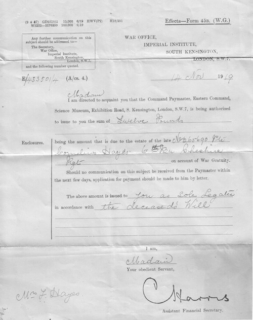 Figure 28. War Office Effects Form 45B (War Gratuity), 14th November 1919