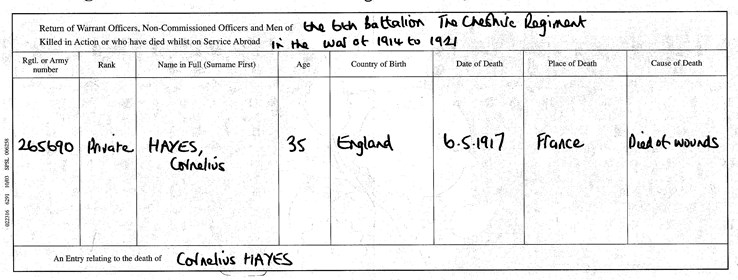 Figure 39. Death Certificate Cornelius Hayes (note incorrect age and place of death)