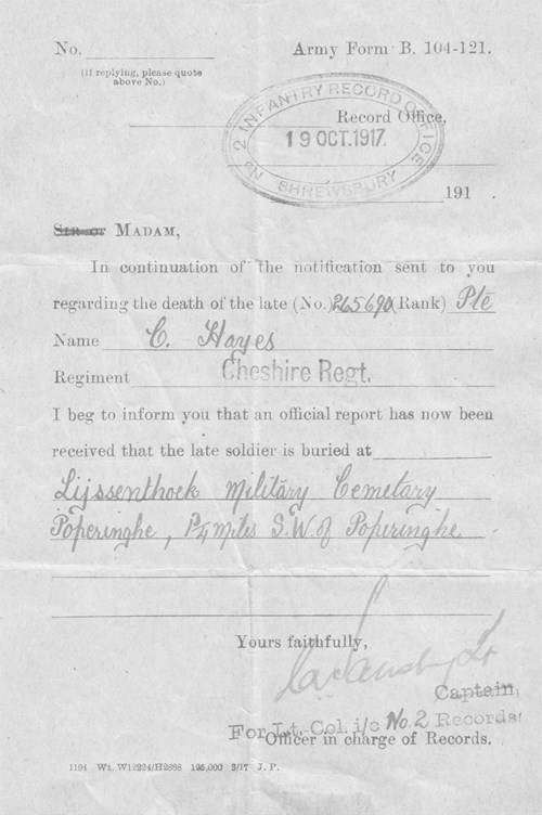 Figure 40. Army Form B104/121 from Infantry Records Office 19th October 1917