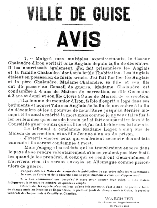 The notice issued by Waechter announcing the execution of the Iron 12 and the reprisals taken against the Chalandre and Logez families.
