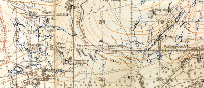 Trench Map Of Area Showing Hangard, Wren And Cemetery Copses. Also Bosnia Trench Just West Of Aubercourt.