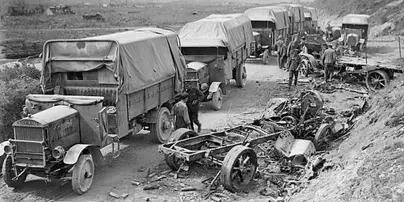 Maudslay Lorries And Wrecked German Transport Drocourt Queant 1918 IWM