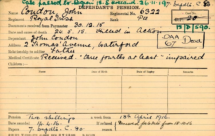 Pension Record Card For John Condon