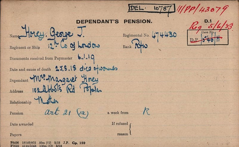 The Pension Record Card, Showing George's Mother's Address.