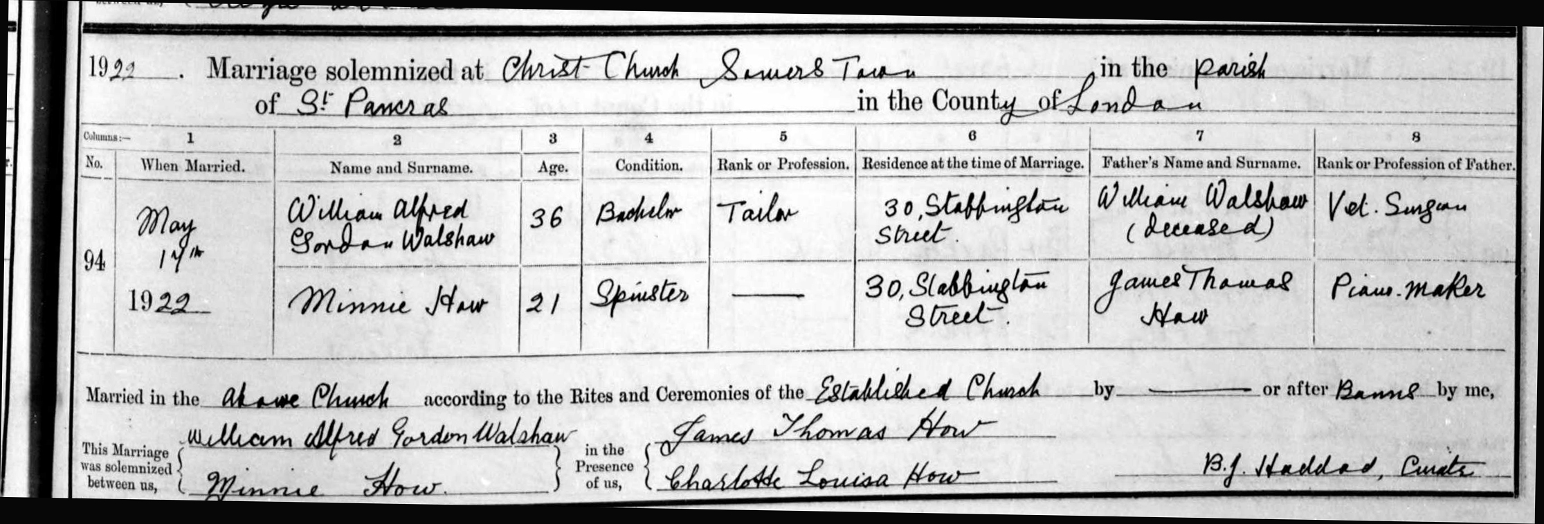 The Register Entry For William's Marriage To Minnie How.