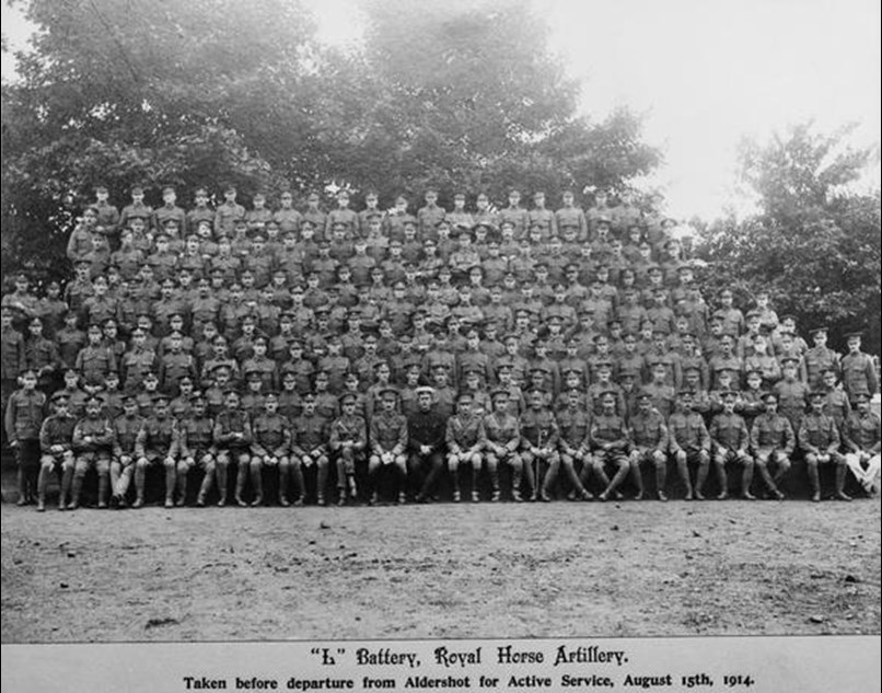 Group Photograph Of The Members Of The Battery, Taken At Aldershot On 15 August 1914, The Day Before They Left For Active Service In France. Image Courtesy Of The Imperial War Museum. HU65205