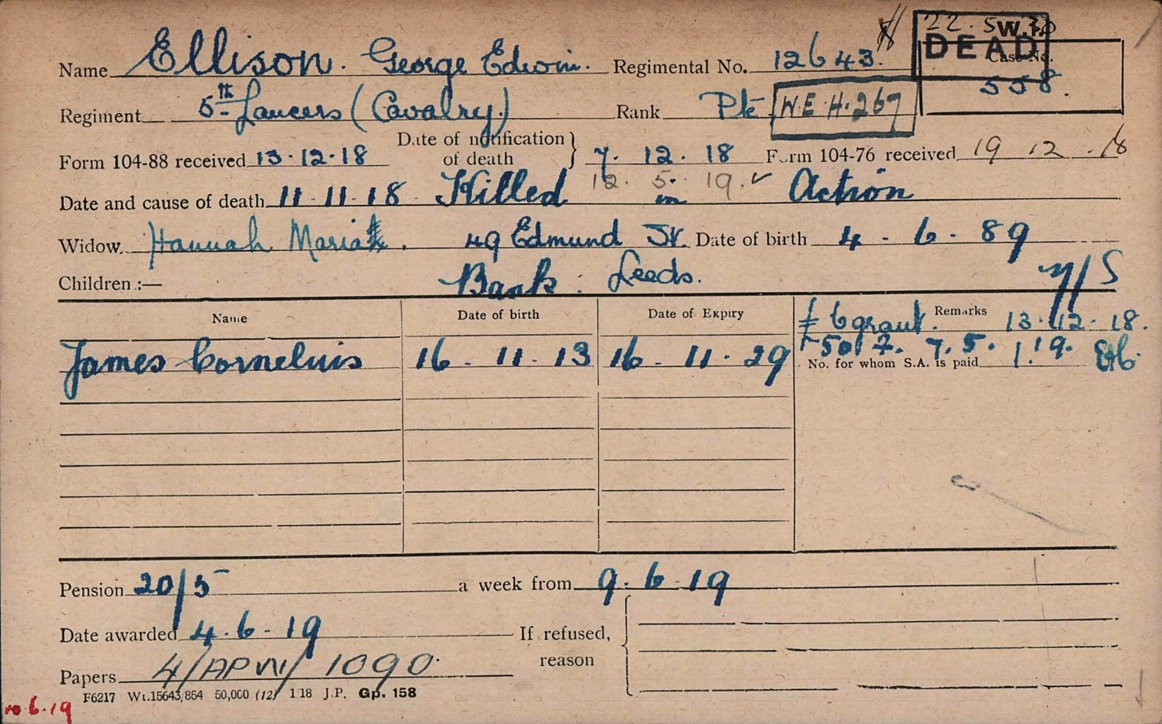George Ellison Pension Card