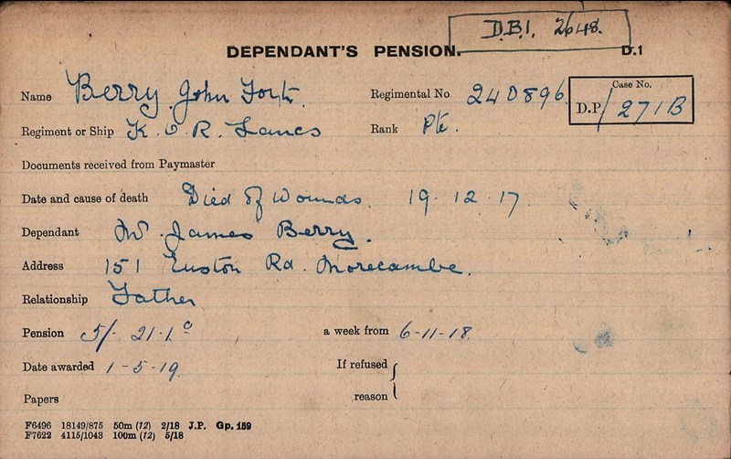 Pension Card John Fort Berry