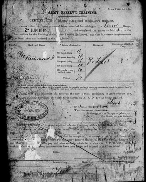 Pte Richmond's Rifle Range Score, 1910.