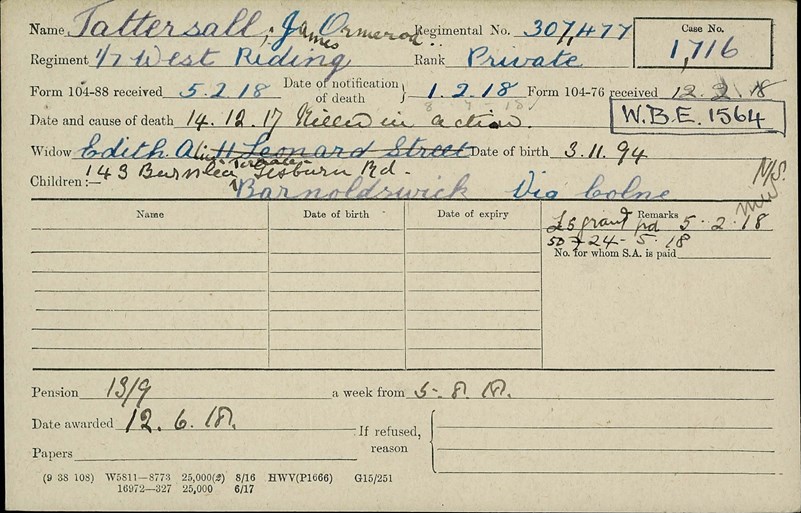 James Tattersall Pension Card