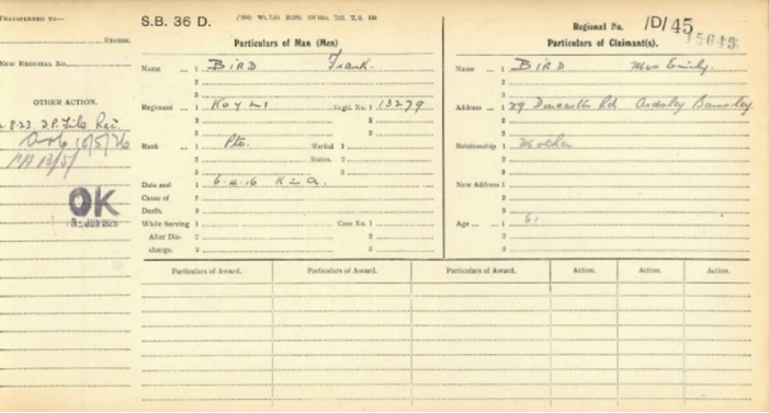 Pension Card of Frank Bird