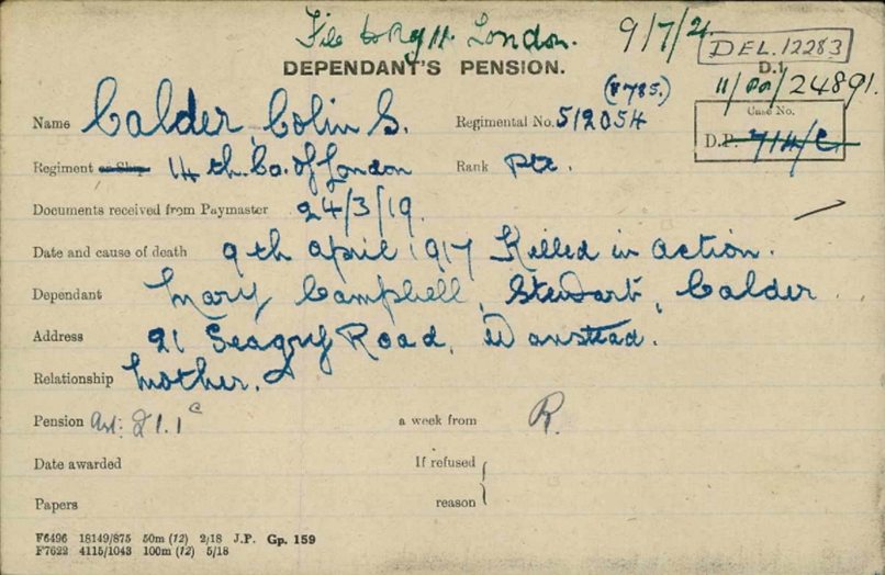 Pension Card for Pte Colin Stewart Calder