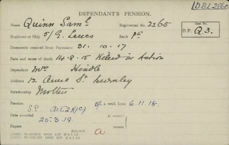 Dependant's Pension Card from Fold3 and The Western Front Association
